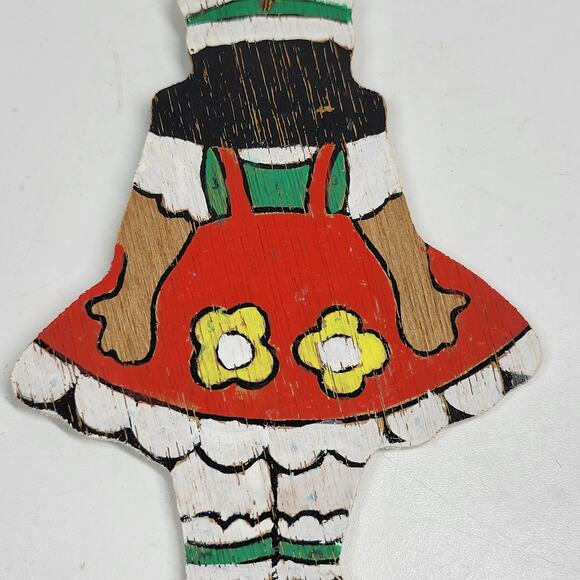 VINTAGE Wooden Girl Christmas Ornament 4" Red Hand Painted Flat Double Side 70s - Picture 12 of 12